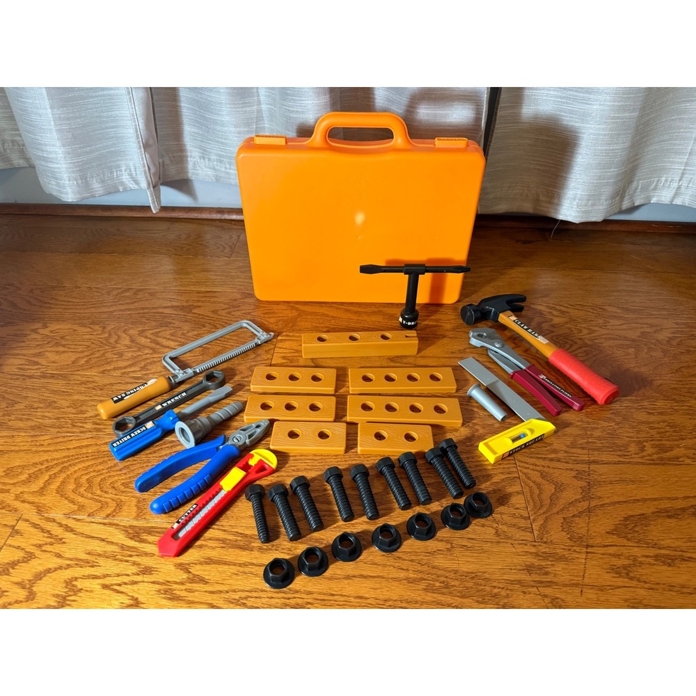 Home Depot Tool Toys for Kids - Toolbox, Tools, Nuts, Bolts, Pliers, Saw EUC